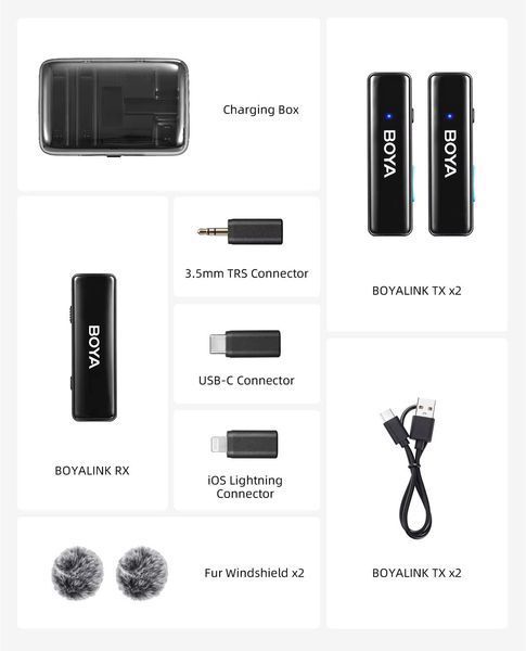 Петличный микрофон BOYA BOYALINK (Type-C + Lightning+TRS 3,5 mm) black для iPhone/Android/видеокамеры беспроводной, петличка для телефона (50021) 50021 фото