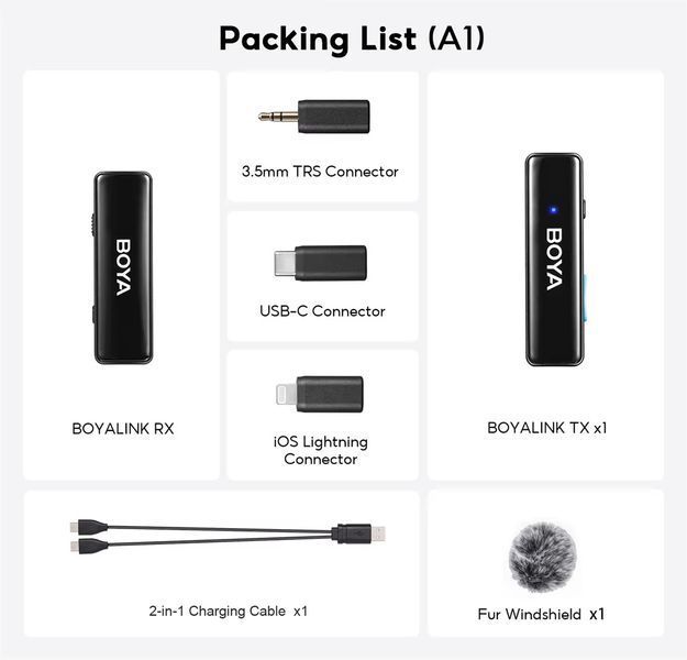 Петличный микрофон BOYA BOYALINK A1 (Type-C + Lightning+TRS 3,5 mm) для iPhone/Android/видеокамеры беспроводной, петличка для телефона (50022) 50022 фото
