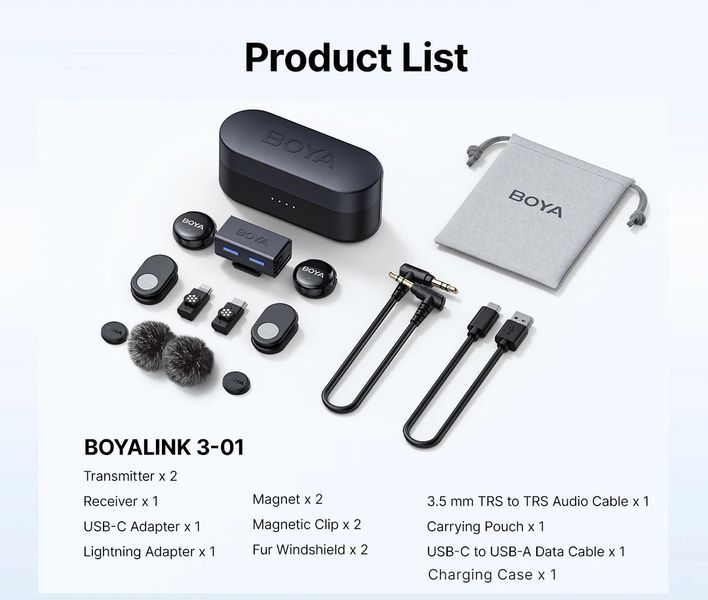 Петличный микрофон (2 шт.) BOYALINK 3-01 /2025/ Lightning+Type-C+TRS 3,5 mm с зарядным кейсом (для iPhone/ Android/видеокамеры), профессиональный (50051)  50051 фото