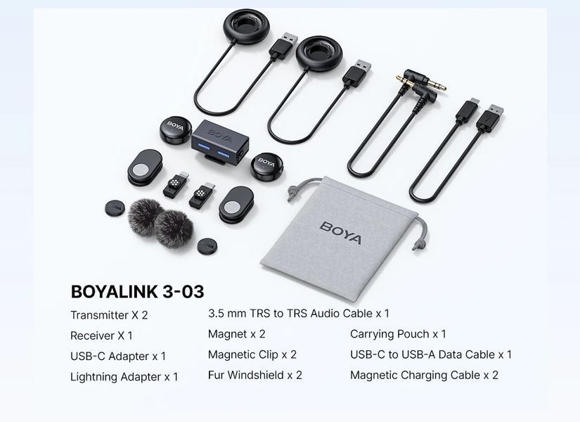 Петличный микрофон (2 шт.) BOYALINK 3-03 /2025/ Lightning+Type-C+TRS 3,5 mm (для iPhone/ Android/видеокамеры), профессиональный (50053) 50053 фото