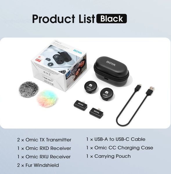 Петличный микрофон BOYA Omic-B COMBO black (Lightning+USB Type-C) с зарядным кейсом, для iPhone и Android беспроводной, петличка для телефона (50035) 50035 фото