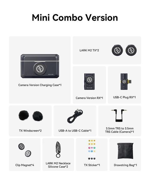Петличный микрофон (2 шт.) Hollyland Lark M2 Combo mini (USB Type-C + TRS 3.5 мм) black для iPhone/ Android/ (с зарядным кейсом ), профессиональный (52008) 52008 фото