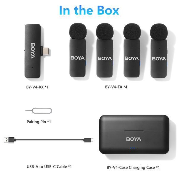 Петлічний мікрофон (4 штуки) BOYA BY-V4U (USB Type-C для iPhone та Android) з зарядним кейсом, бездротовий (50010) 50010 фото