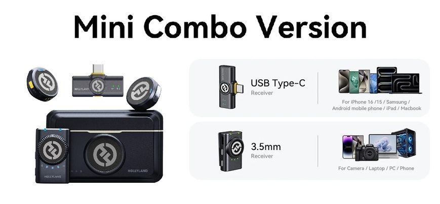 Петличный микрофон (2 шт.) Hollyland Lark M2 Combo mini (USB Type-C + TRS 3.5 мм) black для iPhone/ Android/ (с зарядным кейсом ), профессиональный (52008) 52008 фото