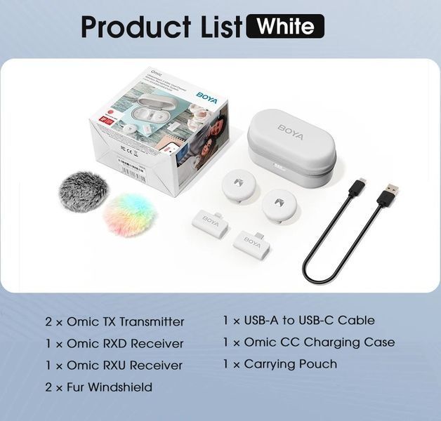 Петличный микрофон BOYA Omic-B COMBO white (Lightning+USB Type-C) с зарядным кейсом, для iPhone и Android беспроводной, петличка для телефона (50064) 50064 фото