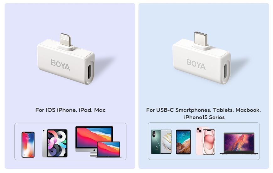 Петличный микрофон BOYA Omic-B COMBO white (Lightning+USB Type-C) с зарядным кейсом, для iPhone и Android беспроводной, петличка для телефона (50064) 50064 фото