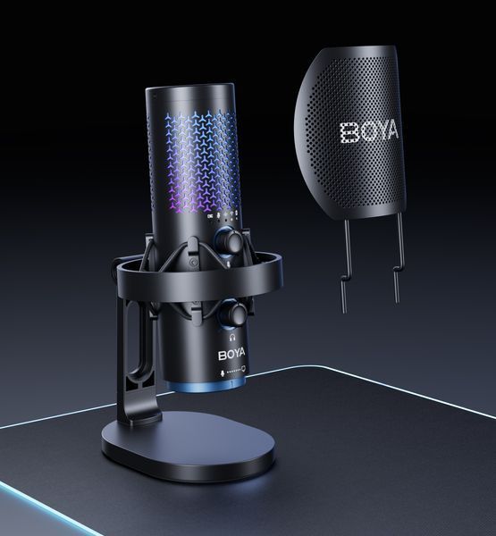 Мікрофон BOYA K5-02 для блогерів (бездротовий+дротовий) з RGB підсвіткою та стійкою пантографом для стрімів та подкастів (51006) 51006 фото