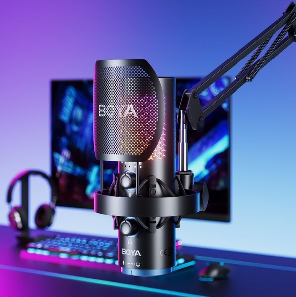 Мікрофон BOYA K5-02 для блогерів (бездротовий+дротовий) з RGB підсвіткою та стійкою пантографом для стрімів та подкастів (51006) 51006 фото
