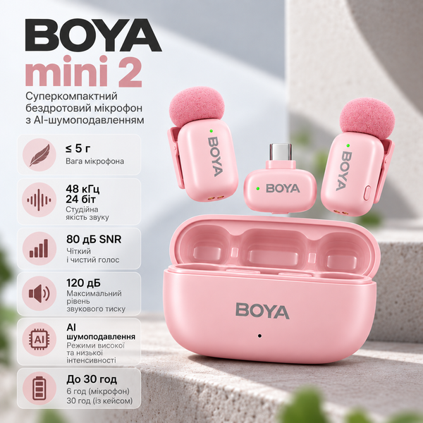 Петличный микрофон (2 шт) (USB-C) BOYA mini 2 Pink с зарядным чехлом профессиональный розовый (50081) 50081 фото