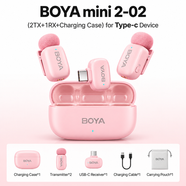 Петличный микрофон (2 шт) (USB-C) BOYA mini 2 Pink с зарядным чехлом профессиональный розовый (50081) 50081 фото